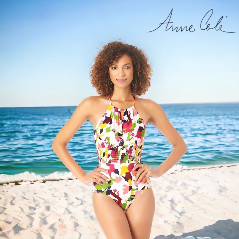 Anne Cole High Neck One Piece with Smock Waist